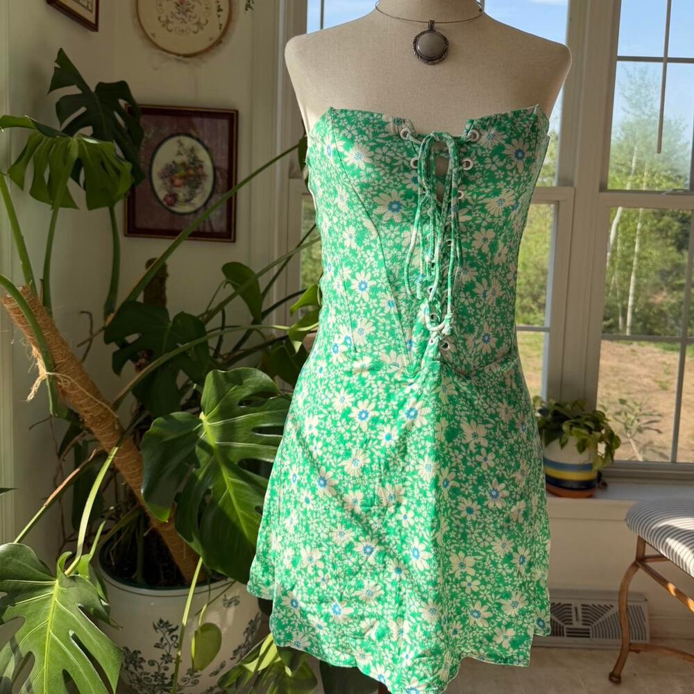 Green Floral Strapless Dress Lace Up Front Medium